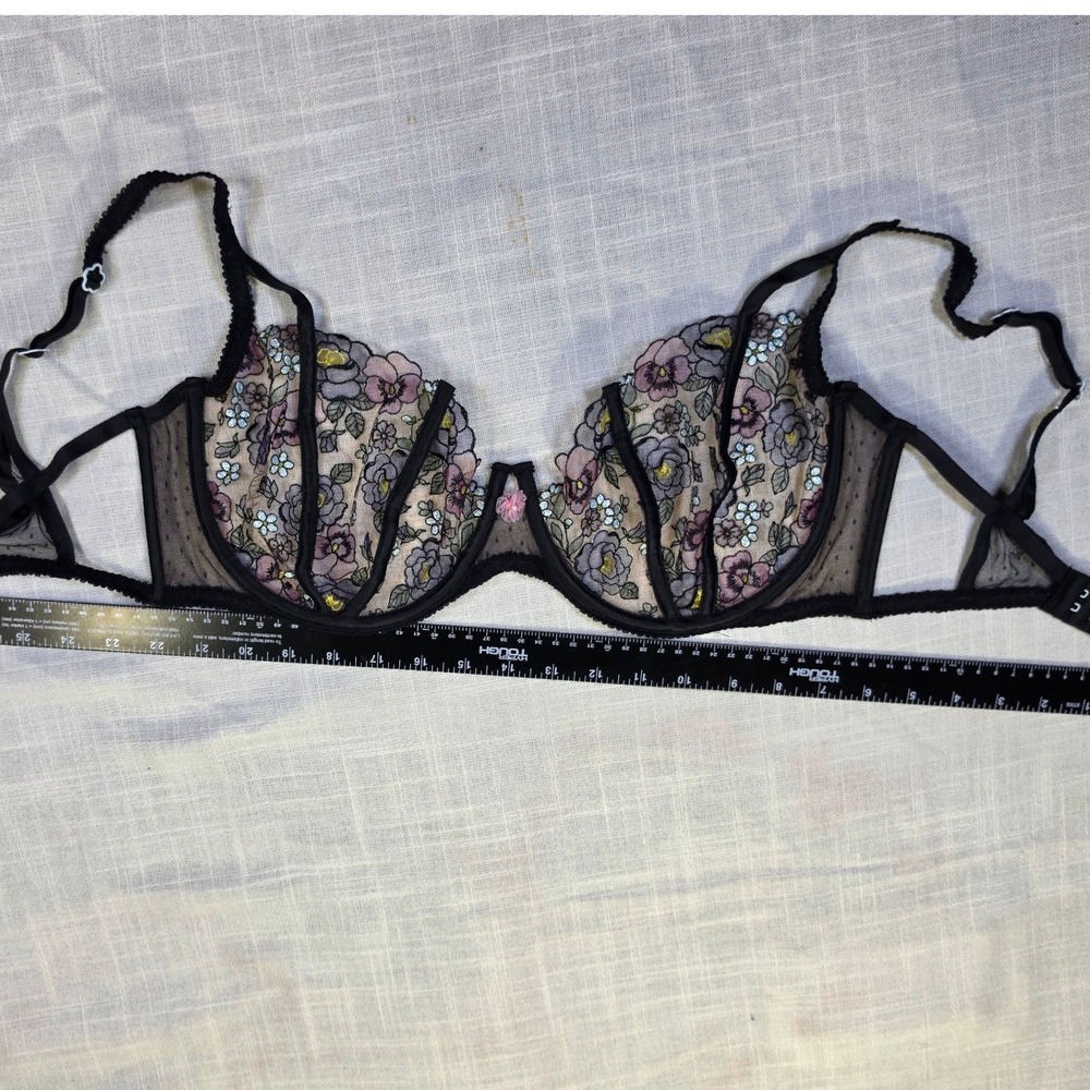 Floral Embroidered Sheer Mesh Underwire Bra Purple Gold Satin Trim Flower Straps